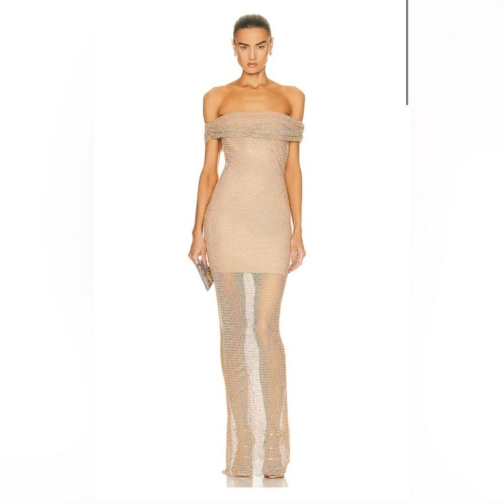 Self portrait nude diamanté off the shoulder maxi dress gown